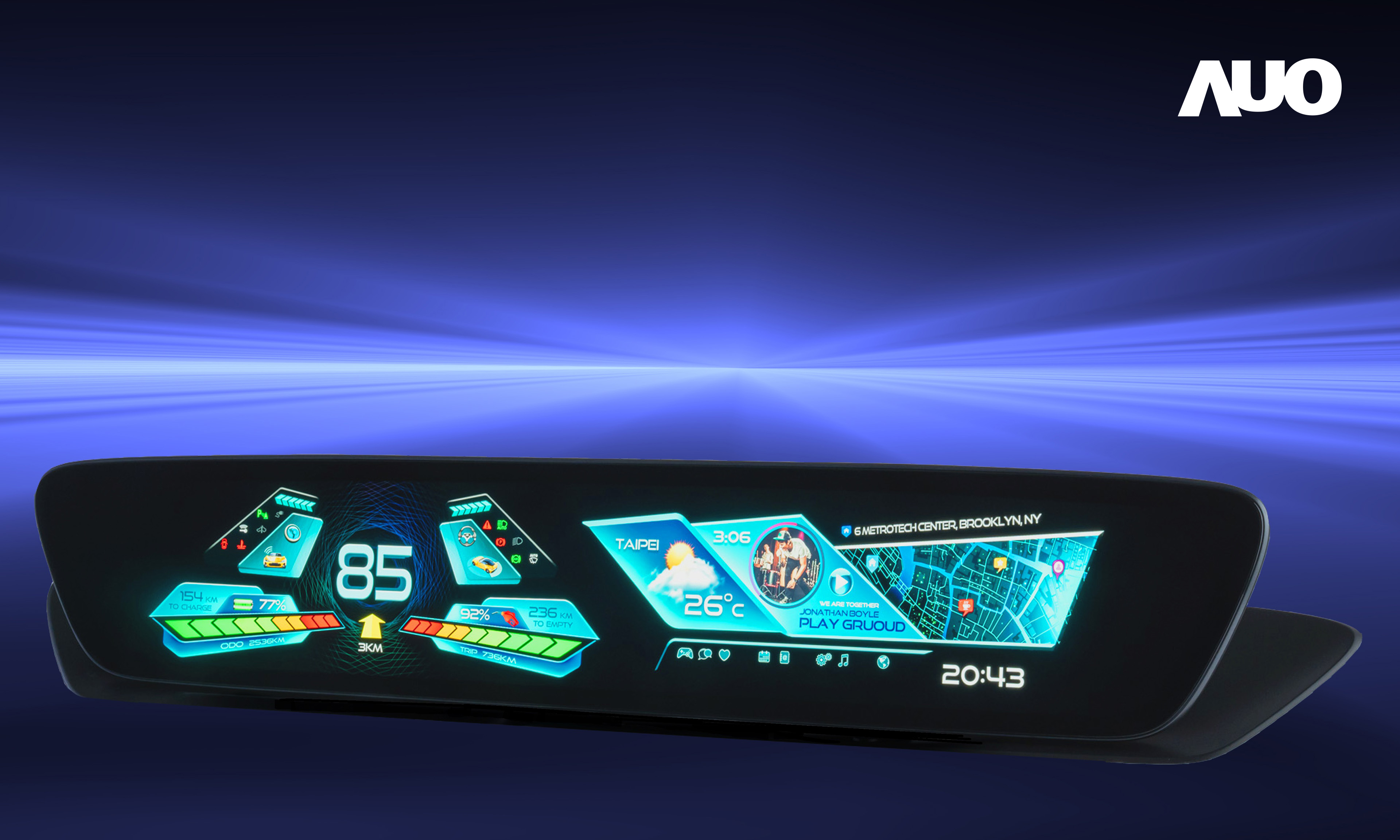 友達30.4吋異形曲面AmLED車載顯示系統，為一兼具儀表板及中控台人機介面的創新車載顯示系統，結合美學設計，提升車內科技沉浸感及使用體驗，讓車載顯示的未來應用更加多元化