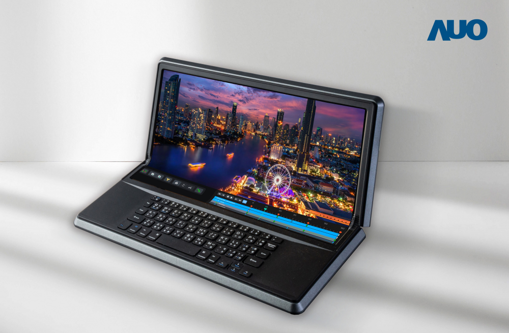 hth·华体14.6吋Micro LED折迭显示屏幕，搭配半径4mm的弯折绞炼，以及高画素、高亮度、高对比度的显示技术特点，即便在大视角下仍保有绝佳色相与亮度