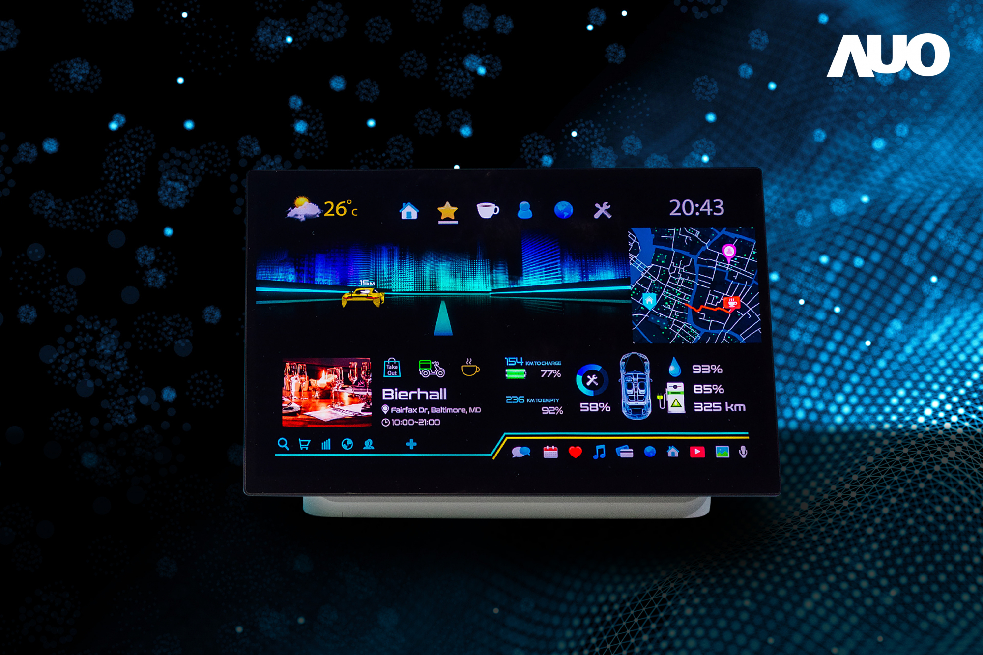 友達16吋超高色域車載中控獲得2025顯示器元件產品技術獎之面板模組類傑出產品獎，首次在車載領域採用藍光COB（LED chip-on-board）搭載量子點（Quantum Dot）膜之Mini LED解決方案實現廣色域