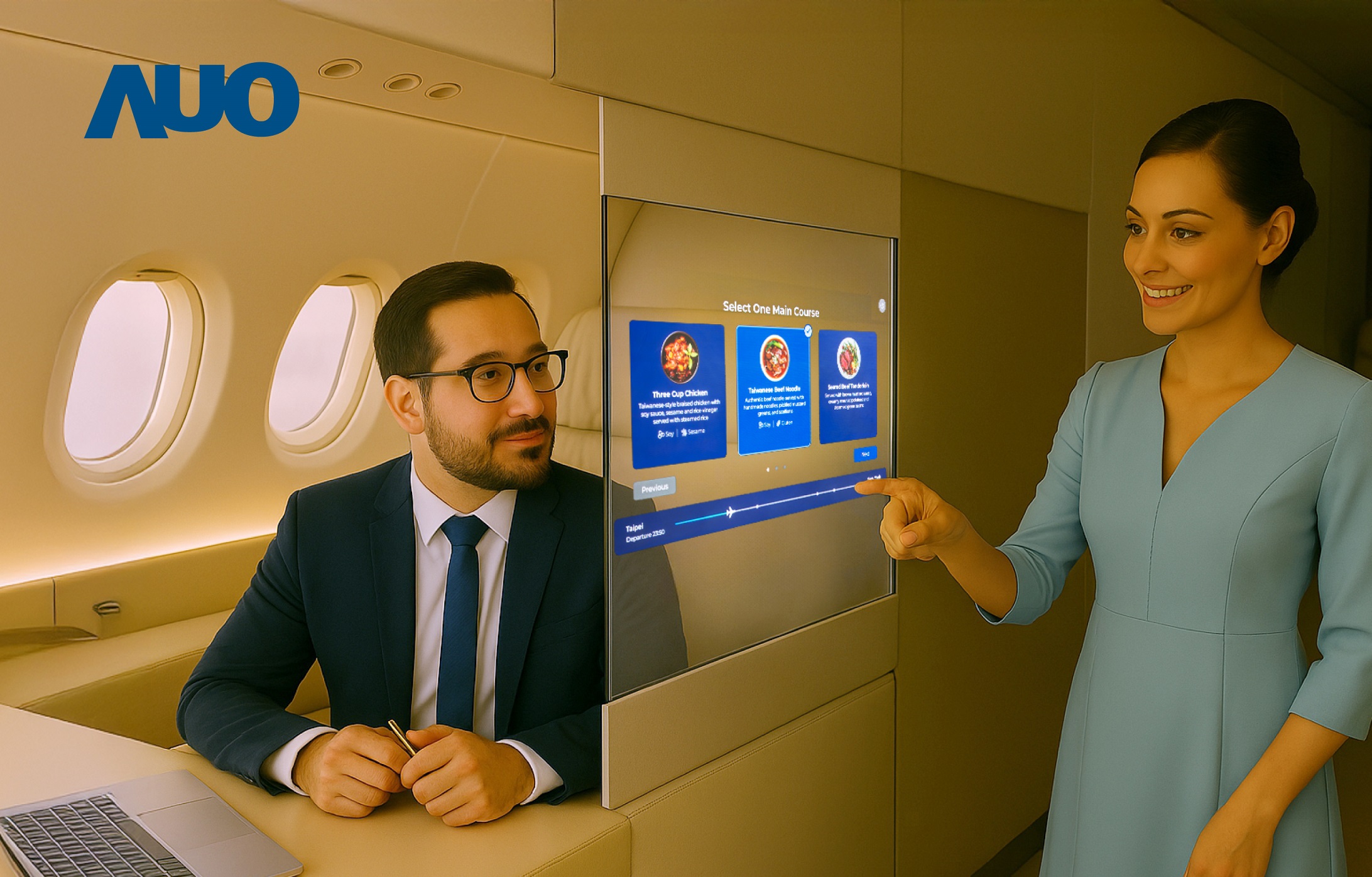 hth·华体研发全球最薄17.3 吋双面透明 Micro LED 显示器，可在同一屏幕之双边投射不同信息，创造独特的&rdquo;透明化&rdquo;互动；图为实时翻译交流应用情境