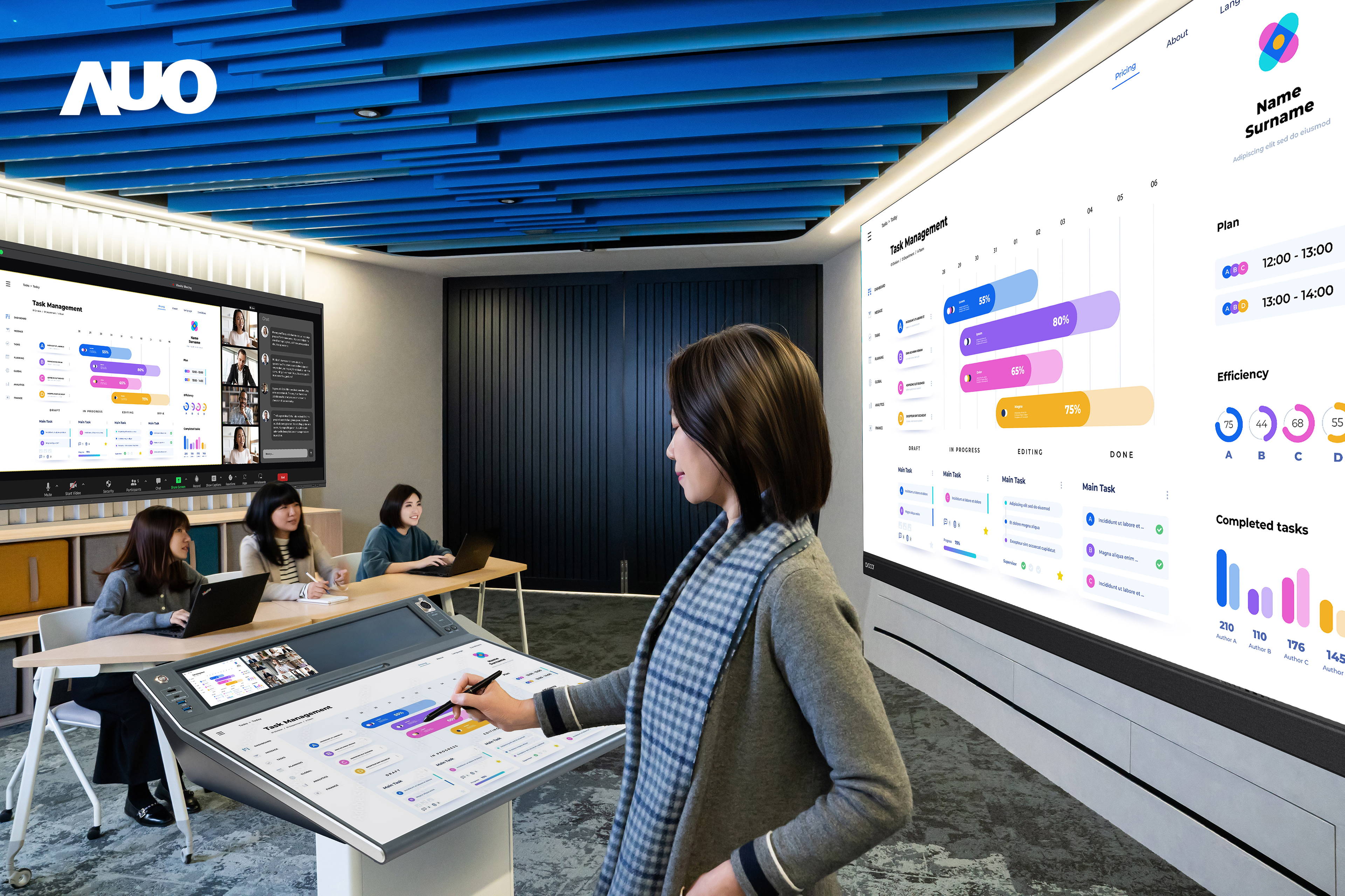 达擎携手Avocor与Rise Vision展示全方位商务领域应用，包含采用模块化设计的138吋一体式All-in-One LED显示器及具21:9超宽比例的92吋交互式电子白板（IFPD），讲者可轻松分享内容，有效提升会议协作效率。